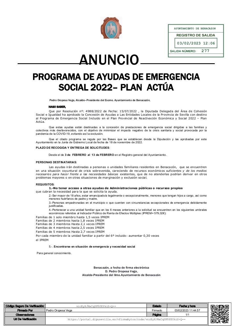 ANUNCIO Programa de Ayudas de Emergencia Social