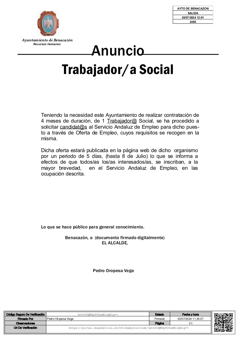 Anuncio EMPLEO TRABAJADOR-A SOCIAL