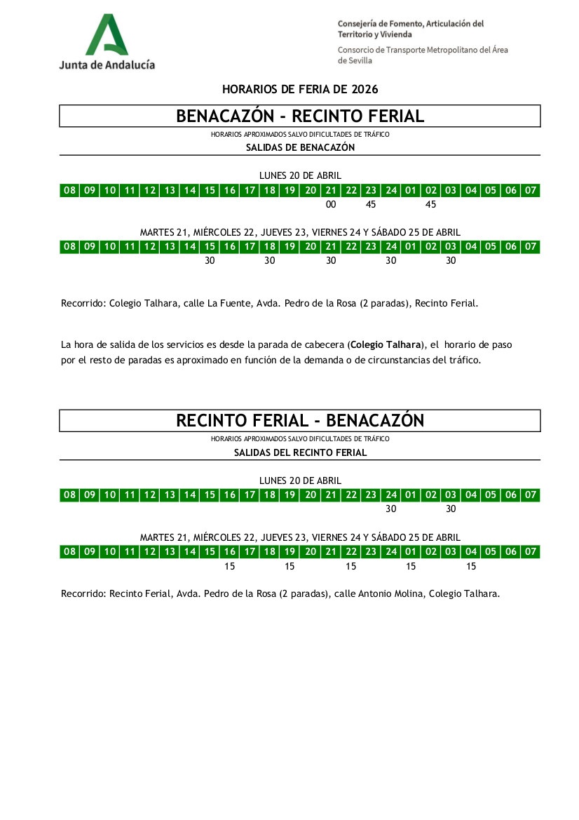 Benacazón Bus especial Feria Sevilla 2026